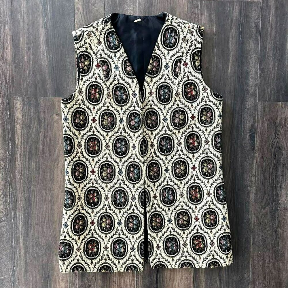 60's Vintage Tapestry Vest Turkish Needlepoint  Rug Sleeveless Longline Sz Med